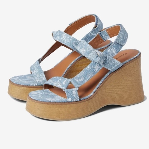 Lucky Brand sandals wedges Demmia acid denim hazy paisley NEW size 10 mushrooms - Picture 1 of 10
